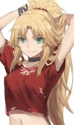 Rule 34 | 1girl, arms up, blonde hair, braid, breasts, choker, fate/apocrypha, fate (series), french braid, green eyes, grin, highres, long hair, looking at viewer, mordred (fate), mordred (fate/apocrypha), parted bangs, ponytail, red shirt, shirt, short sleeves, sidelocks, sketch, small breasts, smile, solo, tonee, very long hair