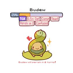 Rule 34 | :&gt;, blush stickers, budew, commentary, creatures (company), english commentary, english text, game freak, gameplay mechanics, gen 4 pokemon, grass, health bar, highres, looking at viewer, nintendo, no humans, notice lines, pokemon, pokemon (creature), pokemon showdown, simple background, smile, sparkle, tiki (tikivt), white background