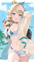 Rule 34 | 1girl, :d, absurdres, aqua eyes, blonde hair, blue sky, breasts, cleavage, cloud, collarbone, day, highres, hololive, jacket, kabi akaru, kazama iroha, looking at viewer, medium breasts, navel, open clothes, open fly, open jacket, open mouth, outdoors, pokobee, short hair, shorts, sky, smile, thighhighs, virtual youtuber, white shorts, white thighhighs, yellow jacket