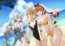 Rule 34 | 3girls, :d, absurdres, atelier (series), atelier ryza, atelier ryza 1, atelier ryza 2, basu (zhusanan), beach, bikini, black one-piece swimsuit, blonde hair, breasts, brown eyes, brown hair, claws, cleavage, collarbone, covered navel, crossed bangs, cup, disposable cup, eye contact, eyewear on head, food, green eyes, green one-piece swimsuit, grey hair, hair between eyes, hair ornament, hair ribbon, hairclip, heterochromia, highleg, highleg swimsuit, highres, holding, holding cup, holding hands, jewelry, klaudia valentz, large breasts, lila decyrus, long hair, looking at another, looking at viewer, low twintails, medium breasts, multi-strapped bikini, multiple girls, navel, necklace, ocean, one-piece swimsuit, open mouth, palm leaf, parted lips, ponytail, popsicle, purple eyes, red eyes, reisalin stout, ribbon, see-through, see-through vest, short hair, sky, smile, star (symbol), star necklace, sunglasses, swimsuit, twintails, very long hair, vest, white headwear, white ribbon, white vest, yellow bikini