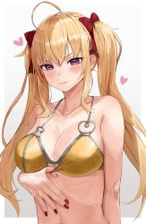 Rule 34 | 1girl, ahoge, bare arms, bare shoulders, bikini, blonde hair, bow, breasts, cleavage, closed mouth, collarbone, frown, hair bow, heart, highres, large breasts, long hair, looking at viewer, mugcup, nail polish, navel, nijisanji, purple eyes, sidelocks, solo, stomach, string bikini, sweat, swimsuit, takamiya rion, twintails, upper body, v-shaped eyebrows, virtual youtuber, yellow bikini
