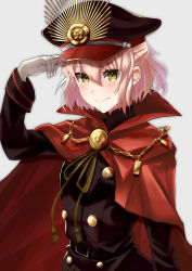 Rule 34 | 1girl, absurdres, alternate costume, belt, black belt, black hat, black jacket, blonde hair, cape, cosplay, crest, family crest, fate/grand order, fate (series), hat, highres, jacket, long sleeves, military, military hat, military uniform, nida keita, oda nobunaga (fate), oda nobunaga (fate) (cosplay), oda nobunaga (koha-ace), oda uri, okita souji (fate), okita souji (koha-ace), peaked cap, red cape, smile, solo, uniform, upper body, yellow eyes