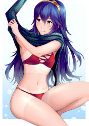 Rule 34 | 1girl, ameno (a meno0), arm up, armpits, bikini, black sweater, blue eyes, blue hair, blush, breasts, bubble, commentary request, eyelashes, feet out of frame, fire emblem, fire emblem awakening, hair between eyes, long hair, looking to the side, lucina (fire emblem), navel, nintendo, red bikini, ribbed sweater, small breasts, solo, sweater, swimsuit, tan, tanline, thighs, tiara, undressing, white background