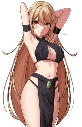 Rule 34 | 1girl, absurdres, armband, armpits, arms up, blonde hair, blush, breasts, commentary, cowboy shot, criss-cross halter, english commentary, halterneck, highres, large breasts, long hair, midriff, mythra (xenoblade), navel, pelvic curtain, solo, standing, stomach, thighs, very long hair, x xith x, xenoblade chronicles (series), xenoblade chronicles 2, yellow eyes