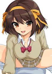 Rule 34 | 1girl, alternate costume, bow, bowtie, breasts, brown cardigan, brown eyes, brown hair, brown skirt, cardigan, collared shirt, commentary request, hair ribbon, hairband, haruhisky, highres, large breasts, long sleeves, looking at viewer, medium breasts, medium hair, open mouth, plaid, plaid bow, plaid bowtie, plaid skirt, red bow, red bowtie, ribbon, school uniform, shirt, skirt, solo, squatting, suzumiya haruhi, suzumiya haruhi no yuuutsu, white shirt, winter uniform, yellow hairband, yellow ribbon