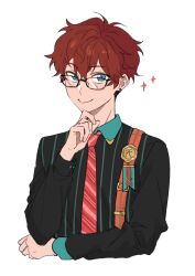Rule 34 | 1boy, amagi hiiro, aqua eyes, bespectacled, closed mouth, diagonal-striped clothes, diagonal-striped necktie, ensemble stars!, fingernails, glasses, hands up, keito lecture (ensemble stars!), long sleeves, looking at viewer, male focus, mango (naihowda), medallion, necktie, official alternate costume, red hair, shirt, short hair, simple background, solo, star (symbol), striped clothes, striped shirt, suspenders, upper body, vertical-striped clothes, vertical-striped shirt, white background