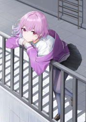 Rule 34 | 1girl, against railing, black footwear, black skirt, blush, bow, bowtie, closed mouth, collared shirt, gridman universe, highres, jacket, ladder, leaning forward, leg up, loafers, long sleeves, looking at viewer, miniskirt, off shoulder, open clothes, open jacket, own hands together, pantyhose, pleated skirt, purple bow, purple bowtie, purple eyes, purple hair, purple jacket, purple pantyhose, qing wu, railing, school uniform, shinjou akane, shirt, shoes, short hair, skirt, solo, ssss.gridman, standing, standing on one leg, white shirt