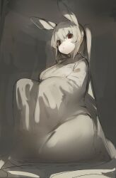 Rule 34 | 1girl, :&lt;, animal ears, breasts, closed mouth, commentary request, commission, full body, grey background, grey hair, grey kimono, highres, japanese clothes, kimono, large breasts, long hair, long sleeves, original, partial commentary, ponytail, rabbit ears, red eyes, shirokujira, shiroshouzoku, skeb commission, sketch, solo, very long hair, wide sleeves