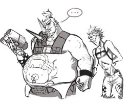 Rule 34 | 2boys, artist request, facial hair, jewelry, junkrat (overwatch), male focus, monochrome, multiple boys, ponytail, prosthesis, prosthetic leg, ring, roadhog (overwatch), short hair, tagme, tattoo, yaoi
