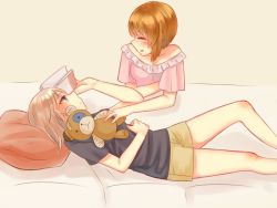 Rule 34 | 2girls, bad id, bad twitter id, bare shoulders, black shirt, blue eyes, blush, boko (girls und panzer), bottle, brown hair, brown shorts, casual, closed eyes, closed mouth, couch, facing another, frilled shirt collar, frills, girls und panzer, holding, holding bottle, holding stuffed toy, itsumi erika, kumasawa (dkdkr), light blush, light frown, long hair, looking at another, lying, multiple girls, nishizumi miho, off-shoulder shirt, off shoulder, on back, on couch, open mouth, pillow, pink shirt, shirt, short hair, short shorts, short sleeves, shorts, silver hair, simple background, smile, stuffed animal, stuffed toy, t-shirt, teddy bear, white background