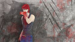 Rule 34 | 1boy, blood, blood on face, blood on clothes, claws, different shadow, giny, grubitsch grady, highres, male focus, open mouth, red hair, rock, short hair, solo, spoilers, tank top, the demonata, werewolf, yellow eyes