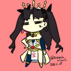 Rule 34 | 1girl, = =, anklet, armlet, artist name, bare shoulders, black hair, card, commentary request, crown, earrings, expressionless, fate/grand order, fate/stay night, fate (series), gift card, hair ribbon, hand on own hip, hoop earrings, ishtar (fate), ishtar (fate), itunes, jewelry, long hair, parody, red background, ribbon, single thighhigh, solo, tatamin, thighhighs, thighlet, tohsaka rin, twintails, two side up, zettai ryouiki