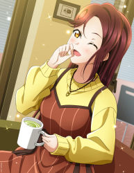 Rule 34 | 1girl, ;), absurdres, artist name, artist request, blush, breasts, brown eyes, brown skirt, cup, drawing (object), female focus, hair between eyes, highres, holding, holding cup, indoors, isami don, jewelry, long hair, long sleeves, looking at viewer, love live!, love live! school idol festival, love live! sunshine!!, miniskirt, necklace, one eye closed, parted lips, plaid, plaid skirt, pleated, pleated skirt, red hair, sakurauchi riko, skirt, small breasts, smile, solo, sparkle, striped clothes, striped skirt, sweater, vertical-striped clothes, vertical-striped skirt, wink, yellow eyes, yellow sweater