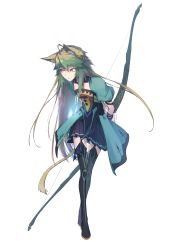 Rule 34 | 1girl, absurdres, ahoge, animal ears, atalanta (fate), blonde hair, blush, bow (weapon), braid, breasts, cat ears, cat tail, collarbone, dabingdan, fate/apocrypha, fate/grand order, fate (series), full body, gloves, gradient hair, green eyes, green hair, hair between eyes, highres, holding, holding bow (weapon), holding weapon, long hair, looking at viewer, multicolored hair, open mouth, simple background, small breasts, solo, tail, thighhighs, two-tone hair, very long hair, weapon, white background