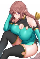 Rule 34 | 1girl, arm up, bare shoulders, black thighhighs, blue dress, blush, borrowed character, breasts, brown hair, cleavage, cleavage cutout, closed mouth, clothing cutout, commission, detached sleeves, dress, hair over one eye, highres, huge breasts, knee up, long hair, long sleeves, looking at viewer, one eye covered, original, pointy ears, purple eyes, side slit, simple background, sitting, skeb commission, smile, solo, suruga (xsurugax), thighhighs, very long hair, white background