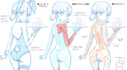 Rule 34 | 10s, 1girl, aki (girls und panzer), anatomy, animal ears, ass, blush, bone, fake animal ears, female focus, girls und panzer, hairband, holding, holding tray, leotard, looking at viewer, looking back, monochrome, multiple views, muscular, nude, partially colored, playboy bunny, rabbit ears, sekai saisoku no panda, short hair, skeleton, standing, translation request, tray, twintails, variations, white background