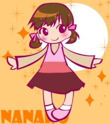 Rule 34 | 1girl, atlus, blush, breasts, brown hair, doujima nanako, full body, kirapiyo, long sleeves, looking at viewer, lowres, madou monogatari, outstretched arms, parody, persona, persona 4, puyopuyo, puyopuyo fever, short hair, solo, standing, sweater, twintails