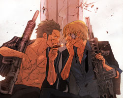 Rule 34 | 2boys, adam&#039;s apple, backlighting, bandage on face, bandages, battle, blonde hair, cigar, cigarette, cigarette kiss, dress shirt, eye contact, eyebrows, green hair, gun, hy, jacket, jacket on shoulders, japanese clothes, looking at another, multiple boys, muscular, navel, necktie, one piece, open clothes, open shirt, roronoa zoro, sanji (one piece), scar, shirt, short hair, sitting, smoke, smoking, weapon