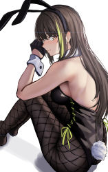 Rule 34 | 1girl, 3 small spiders, absurdres, animal ears, ass, black gloves, black hairband, black leotard, black pantyhose, brown eyes, brown hair, commentary request, detached collar, fake animal ears, fishnet pantyhose, fishnets, from behind, girls&#039; frontline, gloves, green hair, hairband, half gloves, highres, leotard, long hair, looking at viewer, looking back, m4a1 (girls&#039; frontline), multicolored hair, no shoes, pantyhose, playboy bunny, rabbit ears, rabbit tail, shadow, sitting, solo, strapless, strapless leotard, streaked hair, tail, very long hair, white background, wrist cuffs