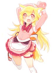 Rule 34 | 1girl, akane (naomi), animal ear fluff, animal ears, apron, arms up, bad id, bad pixiv id, blonde hair, blush, bow, fox ears, fox tail, hutaba akane, long hair, looking at viewer, nanashin naomi, open mouth, original, over-kneehighs, red eyes, simple background, smile, solo, tail, tareme, thigh strap, thighhighs, very long hair, waist apron, white background, white thighhighs