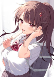 Rule 34 | 1girl, :3, bag, blush, bow, bowtie, breasts, brown eyes, brown hair, collared shirt, fang, food, hair ornament, hairclip, holding, holding food, holding popsicle, large breasts, long hair, looking at viewer, open mouth, original, ponytail, popsicle, school bag, school uniform, shirt, shirt tucked in, short sleeves, smile, solo, striped bow, striped bowtie, striped clothes, tongue, tongue out, uramakaron