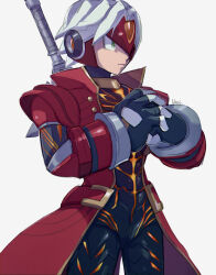 Rule 34 | artist name, capcom, coat, company connection, cosplay, dante (devil may cry), dante (devil may cry) (cosplay), devil may cry (series), fingerless gloves, forehead jewel, gloves, green eyes, helmet, highres, mega man (series), mega man x (series), mega man x dive, official alternate costume, red coat, robot ears, simple background, sword, vani (hisha 04), weapon, weapon on back, white background, white hair, x (mega man)