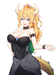 Rule 34 | 1girl, absurdres, armlet, bad id, bad pixiv id, bare shoulders, black dress, blonde hair, blush, bowsette, bracelet, breasts, cleavage, collar, crown, dress, earrings, forked eyebrows, hair between eyes, hand on own hip, highres, jewelry, large breasts, long hair, mario (series), nail polish, new super mario bros. u deluxe, nintendo, open mouth, pointy ears, ponytail, purple eyes, sharp teeth, simple background, solo, spiked armlet, spiked bracelet, spiked collar, spikes, super crown, super mario bros. 1, teeth, white background