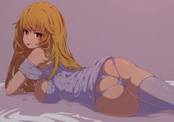 Rule 34 | + +, 1girl, :q, absurdres, ass, bare shoulders, bed sheet, blonde hair, blush, breasts, commentary request, female focus, from behind, g-string, highres, huge filesize, irokohaku, large breasts, long hair, looking at viewer, lying, on stomach, panties, shokuhou misaki, sideboob, smile, solo, symbol-shaped pupils, thighhighs, thong, toaru kagaku no railgun, toaru majutsu no index, tongue, tongue out, underwear, yellow eyes
