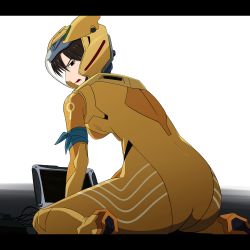 Rule 34 | 1girl, absurdres, angry, annoyed, arm support, artist request, ass, bodysuit, breasts, brown hair, computer, evangelion: 3.0+1.0 thrice upon a time, helmet, highres, ibuki maya, looking at viewer, looking back, medium breasts, neon genesis evangelion, open mouth, plugsuit, rebuild of evangelion, serious, shiny clothes, short hair, simple background, sitting, solo, yellow bodysuit