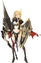 Rule 34 | 1girl, ahoge, armor, arseille (iron saga), artist request, blonde hair, boots, breasts, cape, cleavage, full body, green eyes, holding, holding weapon, iron saga, medium breasts, official art, polearm, shield, solo, spear, torn cape, torn clothes, weapon