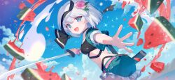 1girl ainy alternate_costume black_choker black_hairband blue_eyes blue_sky blurry choker clothing_request cloud commentary_request day depth_of_field flower food fruit game_cg green_shorts hair_flower hair_ornament hairband hitodama holding holding_sword holding_weapon konpaku_youmu konpaku_youmu_(ghost) looking_at_viewer medium_hair official_art open_mouth outdoors pink_flower short_sleeves shorts sky smile solo sparkle sword third-party_source touhou touhou_gensou_eclipse unsheathed watermelon watermelon_slice weapon white_hair