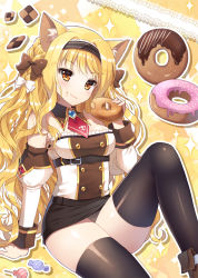 Rule 34 | 1girl, animal ears, arm support, bad id, bad pixiv id, bare shoulders, black thighhighs, blonde hair, bow, braid, breasts, candy, cat ears, cat tail, checkerboard cookie, cookie, detached collar, detached sleeves, doughnut, eyebrows, food, food on face, hair bow, lollipop, long hair, looking at viewer, mauve, medium breasts, orange eyes, original, sitting, skirt, smile, solo, tail, thighhighs