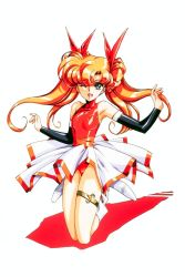 Rule 34 | 1990s (style), 1girl, ;d, armpits, bare shoulders, blue eyes, blush, boots, detached sleeves, double bun, doughnut hair bun, flat chest, full body, hair bun, hair ribbon, halterneck, highres, jumping, langrisser, langrisser iii, leotard, long hair, miniskirt, narrow waist, official art, one eye closed, open mouth, orange hair, outstretched arms, parted bangs, pleated skirt, red leotard, retro artstyle, ribbon, sash, shadow, shiny clothes, simple background, skirt, smile, solo, spread arms, thigh strap, tiaris (langrisser), turtleneck, twintails, upskirt, urushihara satoshi, white background, wink