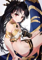 Rule 34 | 1girl, absurdres, armlet, asymmetrical legwear, asymmetrical sleeves, bare shoulders, bikini, black bow, black hair, blush, bow, breasts, cleavage, closed mouth, earrings, fate/grand order, fate (series), gold trim, hair bow, heavenly boat maanna, highres, hoop earrings, ishtar (fate), jewelry, long hair, looking at viewer, medium breasts, navel, neck ring, parted bangs, red eyes, same (sendai623), single sleeve, single thighhigh, smile, strapless, swimsuit, thighhighs, thighs, tiara, tube top, two side up, uneven legwear, uneven sleeves, weapon