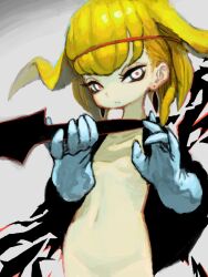 Rule 34 | 1girl, black capelet, blonde hair, capelet, expressionless, flat chest, gloves, hair flaps, headband, jonpei, looking at viewer, navel, nude, original, short hair, solo, upper body, white eyes