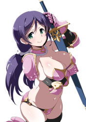 Rule 34 | 10s, 1girl, armor, bikini, bikini armor, black gloves, black thighhighs, blush, body blush, breast hold, breasts, cleavage, detached collar, elbow gloves, gauntlets, gloves, green eyes, high heels, holding, holding weapon, inue shinsuke, large breasts, long hair, looking at viewer, love live!, love live! school idol festival, love live! school idol project, low twintails, navel, o-ring, o-ring bottom, pauldrons, pink bikini, purple hair, shiny skin, shoulder armor, simple background, sitting, smile, solo, standing, string bikini, swimsuit, sword, thighhighs, tojo nozomi, twintails, underwear, weapon, white background