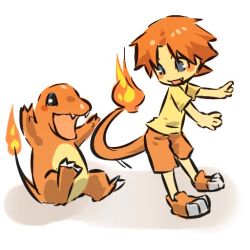 Rule 34 | 1990s (style), 1boy, blue eyes, blush stickers, charmander, creatures (company), fang, fangs, fire, flame-tipped tail, game freak, gen 1 pokemon, hitec, male focus, moemon, nintendo, open mouth, orange hair, orange theme, personification, pokemon, pokemon (creature), pokemon rgby, retro artstyle, shirt, shorts, smile, t-shirt, tail, white background