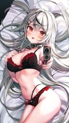 Rule 34 | 1girl, absurdres, aiming, aiming at viewer, bare arms, bare shoulders, black bra, black choker, black panties, bra, breasts, choker, cleavage, fang, frilled bra, frilled panties, frills, grey hair, gun, hair ornament, hair spread out, hairclip, hand up, handgun, heart, highres, holding, holding gun, holding weapon, hololive, large breasts, lingerie, long hair, looking at viewer, luna nyann, lying, multi-strapped panties, multicolored hair, navel, on back, open mouth, outstretched arm, panties, red eyes, revision, sakamata chloe, smile, solo, stomach, streaked hair, thighs, underwear, underwear only, very long hair, virtual youtuber, weapon, x hair ornament