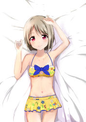 Rule 34 | 1girl, absurdres, artist name, artist request, bare shoulders, bed, bikini, blue bow, blush, bow, bow bikini, bow print, breasts, brown hair, collarbone, female focus, flower print, grey hair, heart, heart print, highres, laying in bed, light brown hair, looking at viewer, love live!, love live! nijigasaki high school idol club, nakasu kasumi, nobe (pixiv4533344), parted lips, purple eyes, red eyes, short hair, skirt, small breasts, smile, solo, swimsuit, yellow bikini, yellow skirt