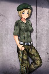 Rule 34 | 1girl, battle rifle, beret, blonde hair, blush, breast pocket, breasts, camouflage, camouflage pants, crack, cracked wall, fn fal, gun, hat, highres, itsaraofgod, looking at viewer, medium breasts, original, pants, pocket, rifle, short hair, short shorts, shorts, smile, solo, weapon
