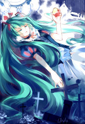 Rule 34 | 1girl, apple, choker, cross, dress, closed eyes, flower, food, fruit, grimm&#039;s fairy tales, hatsune miku, lindy (pclo), lindypclo, long hair, rose, snow white, snow white (grimm), snow white and the seven dwarfs, solo, twintails, very long hair, vocaloid