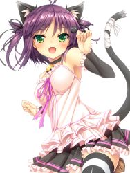 Rule 34 | 1girl, ahoge, animal ears, bare shoulders, bell, black ribbon, blush, breasts, cat ears, cat hair ornament, cat tail, choker, commentary request, detached sleeves, extra ears, fangs, green eyes, hair ornament, hair ribbon, hairclip, highres, looking at viewer, moeki yuuta, neck bell, open mouth, original, purple hair, ribbon, short hair, simple background, skirt, smile, solo, striped clothes, striped thighhighs, tail, tail ornament, tail ribbon, thighhighs, tsurime, twintails, white background