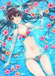 Rule 34 | 1girl, absurdres, artist request, bikini, black hair, blue bikini, blue eyes, breasts, flower, hair ribbon, hibiscus, high ponytail, highres, infinite stratos, long hair, looking at viewer, lying, medium breasts, navel, official art, parted lips, partially submerged, ponytail, ribbon, shinonono houki, solo, split ponytail, swimsuit, third-party source, two-tone bikini, water