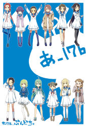 Rule 34 | 6+girls, :d, :o, \o/, adjusting eyewear, ahoge, animal, animal on shoulder, animal slippers, arms behind back, arms behind head, arms up, bike shorts, black hair, blonde hair, blue background, blue legwear, brown hair, bunbun, cardigan, creature, double bun, dress, glasses, grey legwear, hair bun, hair ornament, hair over one eye, hair ribbon, hairclip, hand on own elbow, hand on own head, kneehighs, lineup, loafers, long hair, low twintails, multiple girls, one eye closed, open cardigan, open clothes, open mouth, original, outstretched arms, over-kneehighs, pantyhose, ponytail, purple eyes, purple hair, purple legwear, red eyes, red hair, ribbon, ruffling hair, sailor dress, school uniform, shoes, short hair, slippers, smile, sneakers, socks, thighhighs, twintails, v, white legwear, wink, yellow eyes