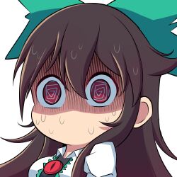 Rule 34 | 1girl, @ @, blush, bmkro, bow, brown hair, commentary, english commentary, green bow, hair bow, long hair, lowres, nervous, no mouth, red eyes, reiuji utsuho, shaded face, shirt, simple background, solo, sweat, nervous sweating, touhou, transparent background, upper body, white shirt