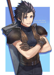 Rule 34 | 1boy, armor, asymmetrical bangs, belt, black hair, blue background, blue eyes, blue pants, blue shirt, border, buster sword, cowboy shot, crisis core final fantasy vii, crossed arms, duplicate, facial scar, final fantasy, final fantasy vii, gloves, hair slicked back, looking at viewer, lower teeth only, male focus, medium hair, multiple belts, ohse, open mouth, pants, pixel-perfect duplicate, scar, scar on cheek, scar on face, shirt, shoulder armor, sideburns, sleeveless, sleeveless turtleneck, smile, solo, spiked hair, suspenders, sword, teeth, turtleneck, upper teeth only, weapon, weapon on back, zack fair
