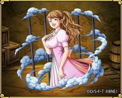Rule 34 | 1girl, blue eyes, bodskih, breasts, brown hair, charlotte pudding, cleavage, crying, dress, extra eyes, large breasts, official art, one piece, one piece: treasure cruise, pink dress, solo, third eye, twintails