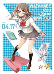 Rule 34 | 1girl, :q, aozora jumping heart, ayami chiha, black-framed eyewear, black socks, blue eyes, blue scrunchie, bow, bowtie, brown footwear, buttons, character name, copyright name, dated, double-breasted, drawing, fabric, full body, glasses, grey hair, grey skirt, happy birthday, highres, kneehighs, koi ni naritai aquarium, loafers, long sleeves, looking at viewer, love live!, love live! sunshine!!, mechanical pencil, notebook, pencil, plaid, plaid background, pleated skirt, polka dot, polka dot scrunchie, ponytail, red bow, red bowtie, salute, school uniform, scrunchie, serafuku, shoes, skirt, socks, solo, standing, star (symbol), tape measure, tongue, tongue out, uranohoshi school uniform, watanabe you