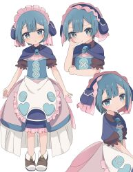 Rule 34 | 1boy, absurdres, androgynous, apron, blue capelet, blue corset, blue dress, blue eyes, blue hair, blush, brown footwear, capelet, clenched hand, closed mouth, corset, dress, frilled apron, frills, hand on own cheek, hand on own face, highres, light blush, looking at viewer, made in abyss, maid, maid apron, maid headdress, male focus, maruruk, multiple views, pout, short hair, simple background, solo, trap, uis0, whistle, whistle around neck, white apron, white background, yellow pupils