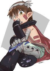 Rule 34 | 1boy, absurdres, brown eyes, brown hair, cape, child, collar, covering own mouth, crossed legs, cyborg, facial mark, hairband, hand over own mouth, highres, made in abyss, male focus, marking on cheek, mechanical arms, mechanical hands, mechanical legs, metal collar, pointy ears, red cape, regu (made in abyss), sitting, solo, stomach tattoo, tattoo, two-tone background, zxmeko